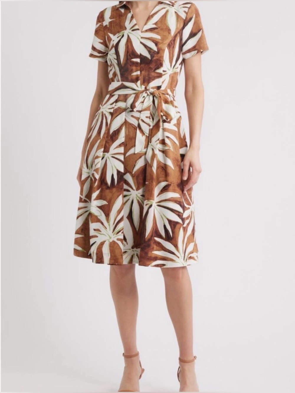 NWT Tahari ASL Palm Print Belted Shirt Dress Brown Cream Size 14